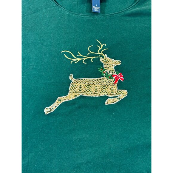 Karen Scott Shirt Women's Small Green Long Sleeve tee with Festive Reindeer - Picture 4 of 8